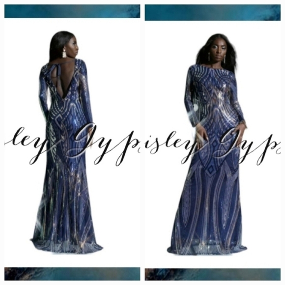 Sophisticated Long Sleeve High Neckline Sequin Formal Gown - Picture 1 of 13